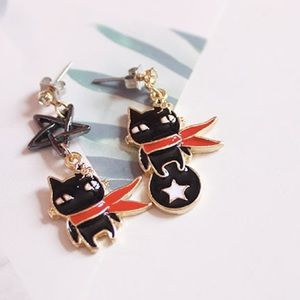 Black Star Cats Drop Earrings Sterling Silver New